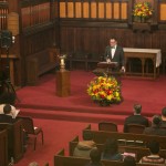 Rev. Greg McGonigle introduces the program at the University Chaplain's office Dr. Martin Luther King Jr. Day Community Celebration at Goddard Chapel on Jan. 22, 2015 Rev. Greg McGonigle introduces the program at the University Chaplain's office Dr. Martin Luther King Jr. Day Community Celebration at Goddard Chapel on Jan. 22, 2015