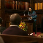 Nazifa Sarawat, E17, recites a quotation and reflection from Dr. Martin Luther King., Jr., at the University Chaplain's office Dr. Martin Luther King, Jr. Day Community Celebration at Goddard Chapel on Jan. 22, 2015. Nazifa Sarawat, E17, recites a quotation and reflection from Dr. Martin Luther King., Jr., at the University Chaplain's office Dr. Martin Luther King, Jr. Day Community Celebration at Goddard Chapel on Jan. 22, 2015.