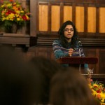 Nazifa Sarawat, E17, recites a quotation and reflection from Dr. Martin Luther King., Jr., at the University Chaplain's office Dr. Martin Luther King, Jr. Day Community Celebration at Goddard Chapel on Jan. 22, 2015. Nazifa Sarawat, E17, recites a quotation and reflection from Dr. Martin Luther King., Jr., at the University Chaplain's office Dr. Martin Luther King, Jr. Day Community Celebration at Goddard Chapel on Jan. 22, 2015.