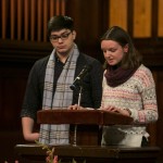 Alyssa Hatch, E15, and John Kelly, A15, recite a quotation and reflection from Dr. Martin Luther King, Jr. at the University Chaplain's office Dr. Martin Luther King Jr. Day Community Celebration at Goddard Chapel on Jan. 22, 2015. ( Alyssa Hatch, E15, and John Kelly, A15, recite a quotation and reflection from Dr. Martin Luther King, Jr. at the University Chaplain's office Dr. Martin Luther King Jr. Day Community Celebration at Goddard Chapel on Jan. 22, 2015. (