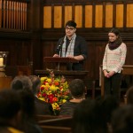 Alyssa Hatch, E15, and John Kelly, A15, recite a quotation and reflection from Dr. Martin Luther King, Jr. at the University Chaplain's office Dr. Martin Luther King Jr. Day Community Celebration at Goddard Chapel on Jan. 22, 2015. ( Alyssa Hatch, E15, and John Kelly, A15, recite a quotation and reflection from Dr. Martin Luther King, Jr. at the University Chaplain's office Dr. Martin Luther King Jr. Day Community Celebration at Goddard Chapel on Jan. 22, 2015. (