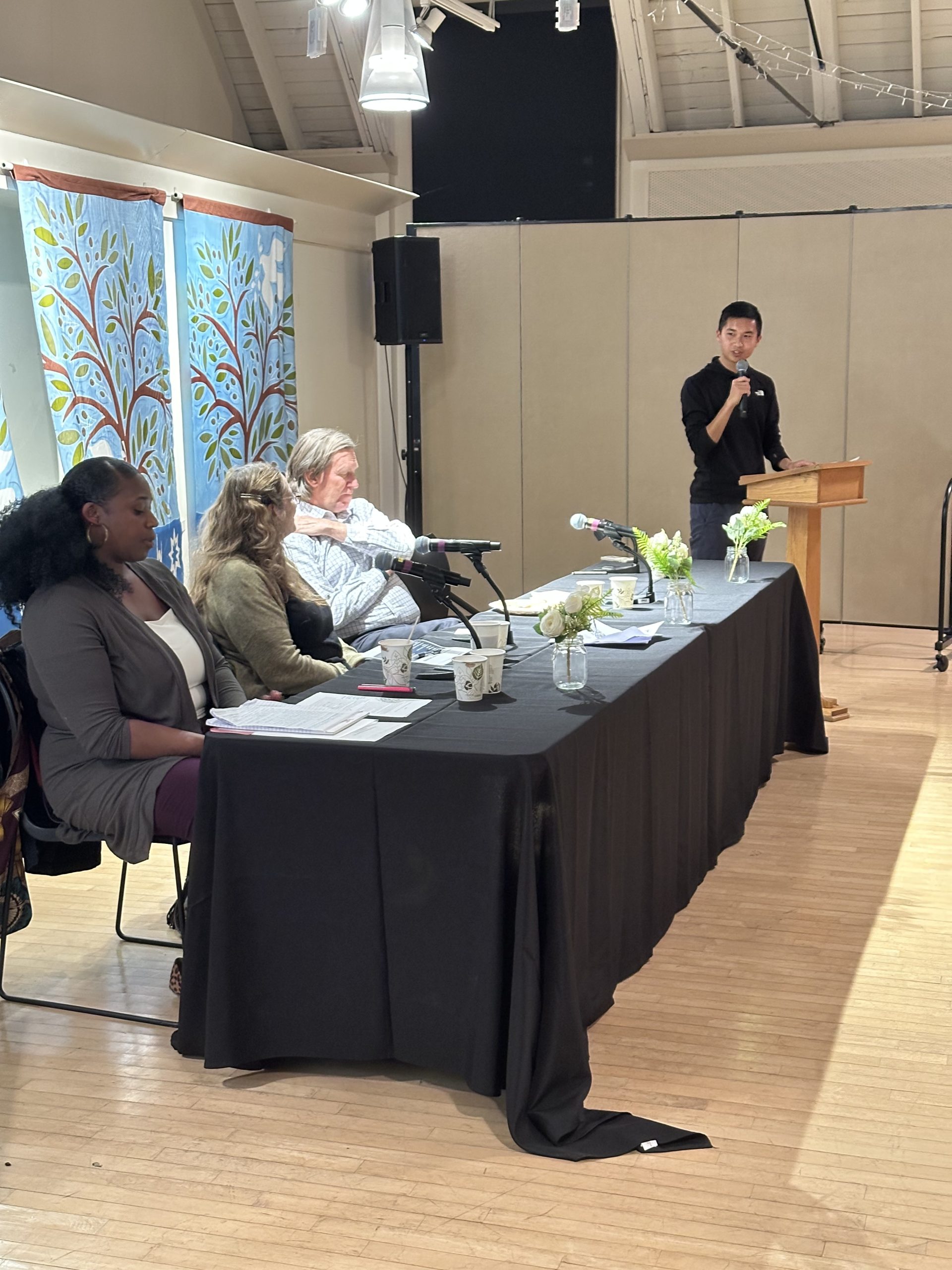 Person at podium, three people on a panel