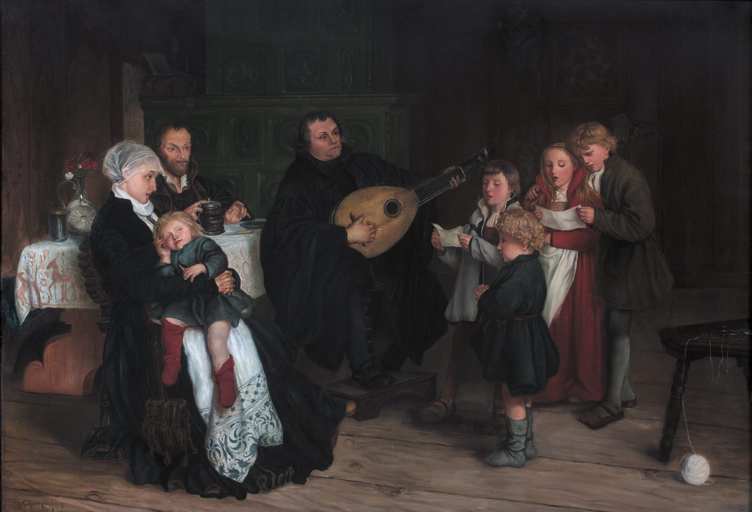 A rendition of Martin Luther, sitting among family in 1875